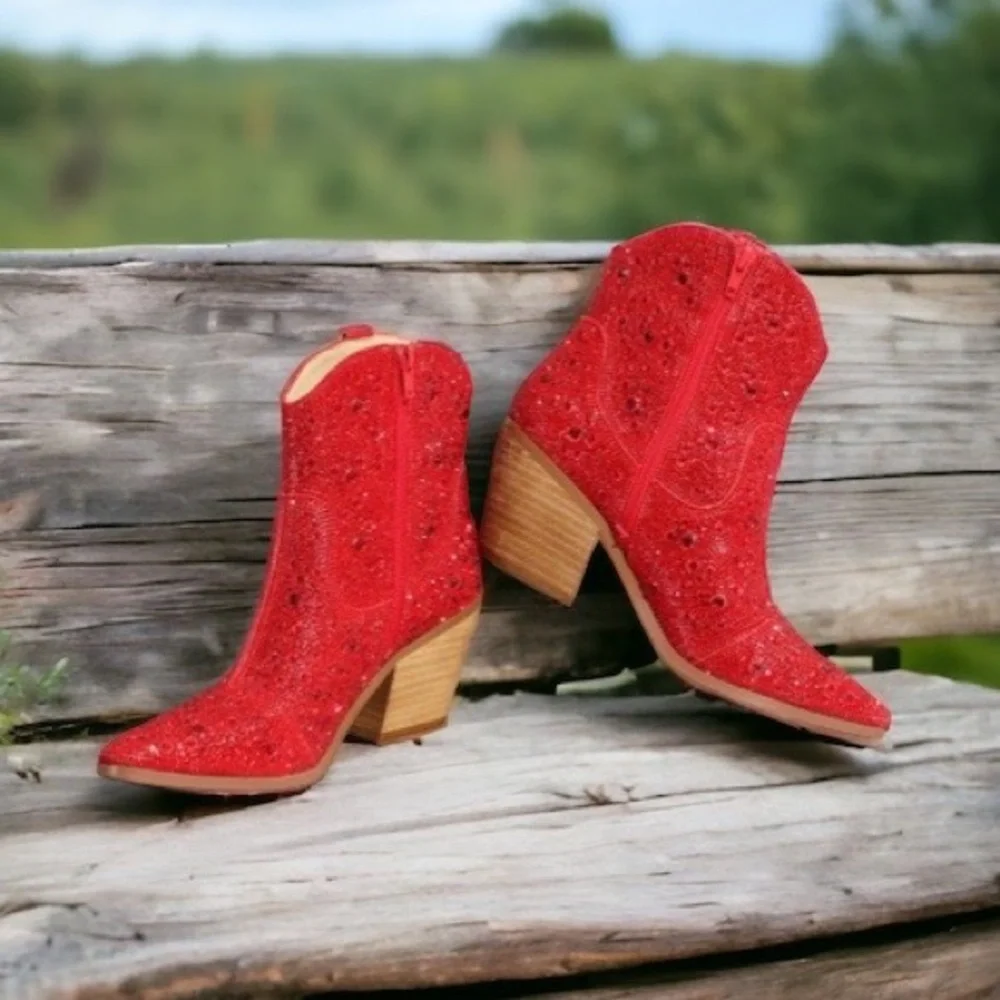 MIIM ANGEL Red Rhinestone Gem Embellished Ankle Western Heeled Cowboy Boots